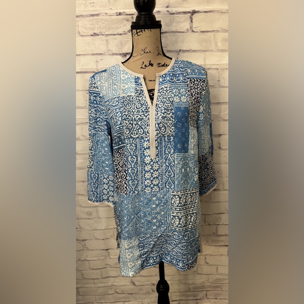 J. McLaughlin Carly Blue Bandana Patchwork Catalina Top Tunic Med Preppy Coastal